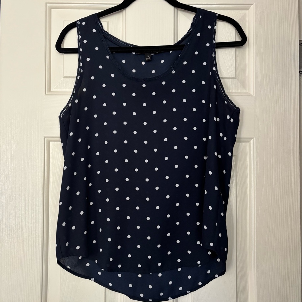 Banana Republic Navy and White Polka Dot Picot Trim Tank Top